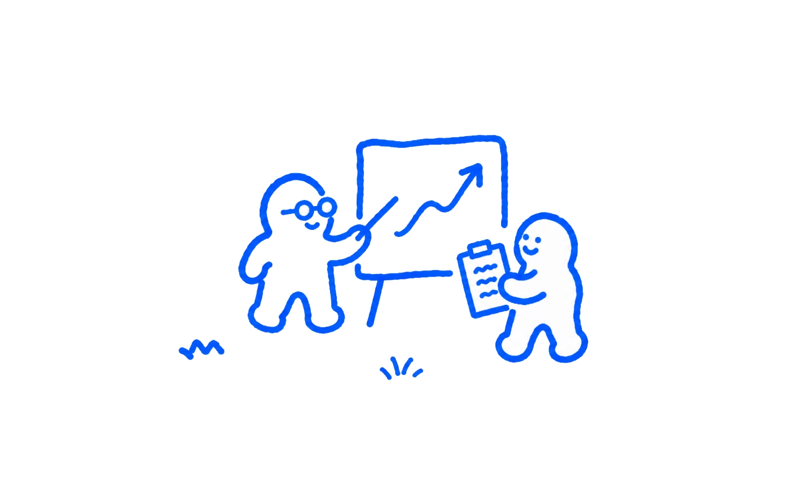 A man pointing to a chart with a graph going up whilst someone takes notes