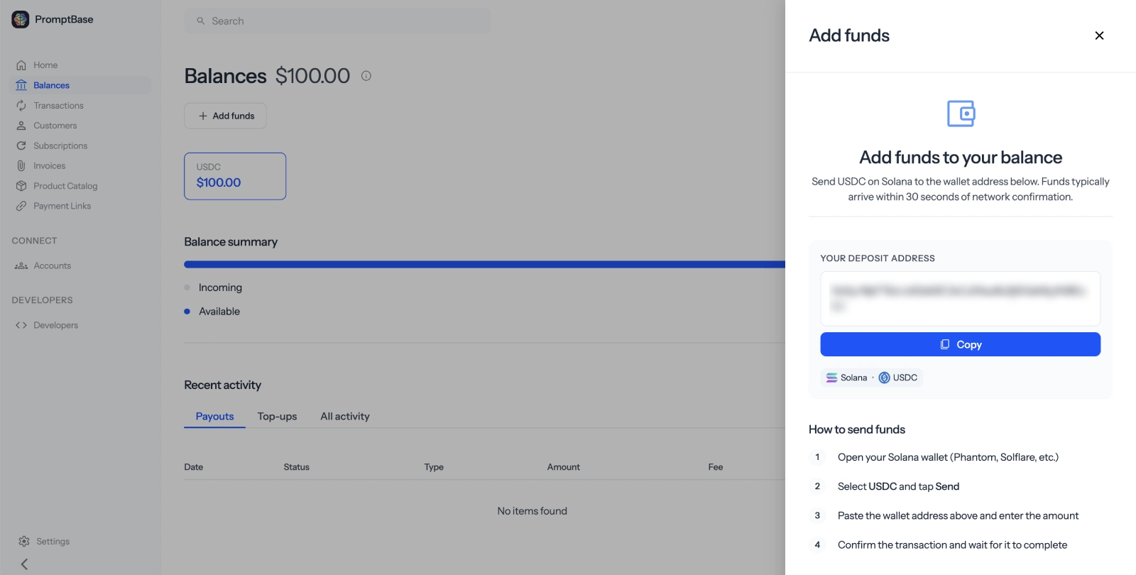 Add funds panel showing the platform deposit address