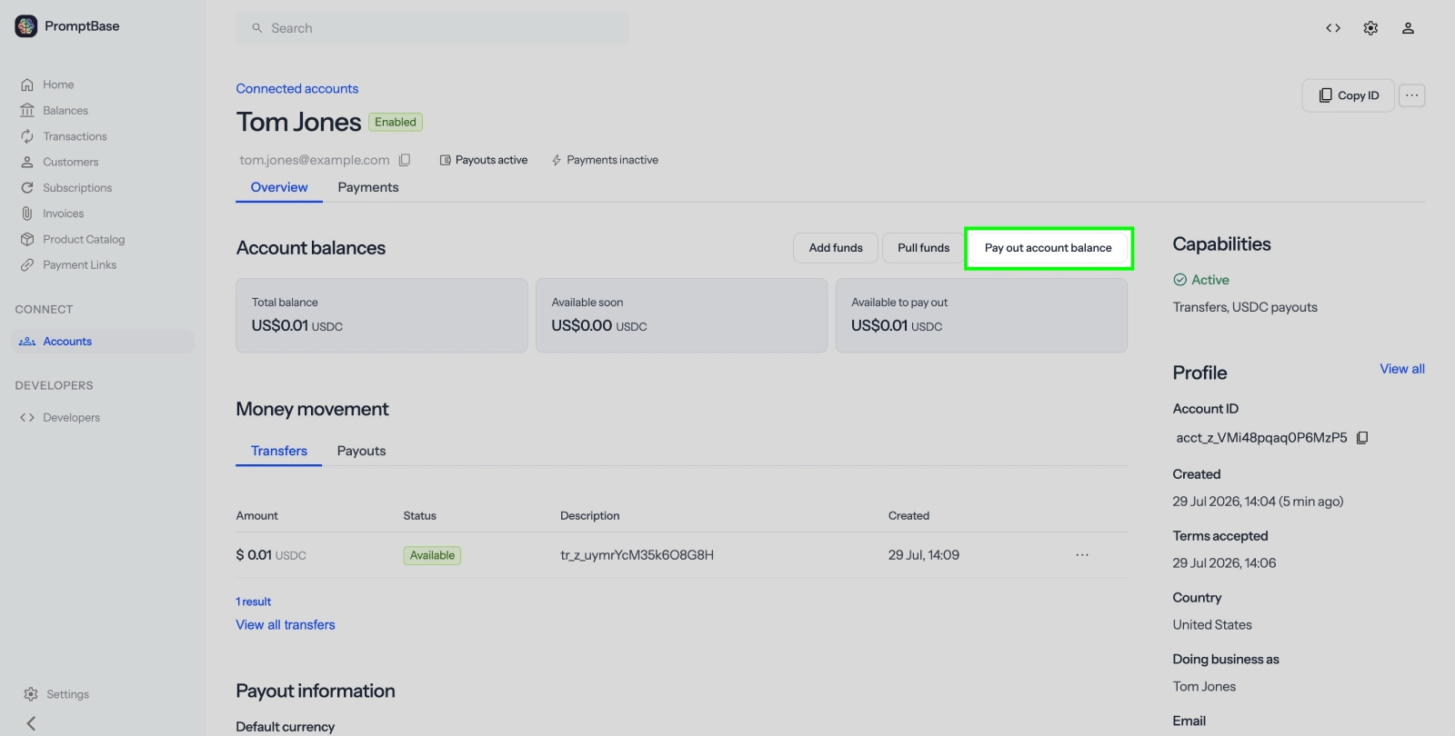 Pay out account balance button