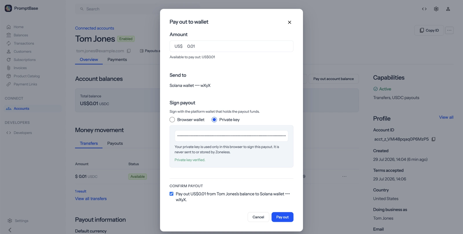 Payout amount for a connected account