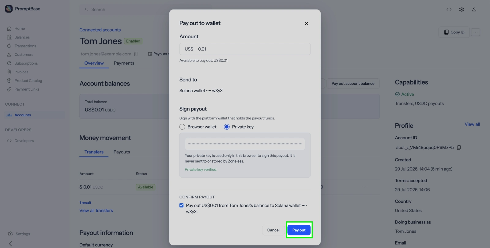 Sign and confirm a connected account payout