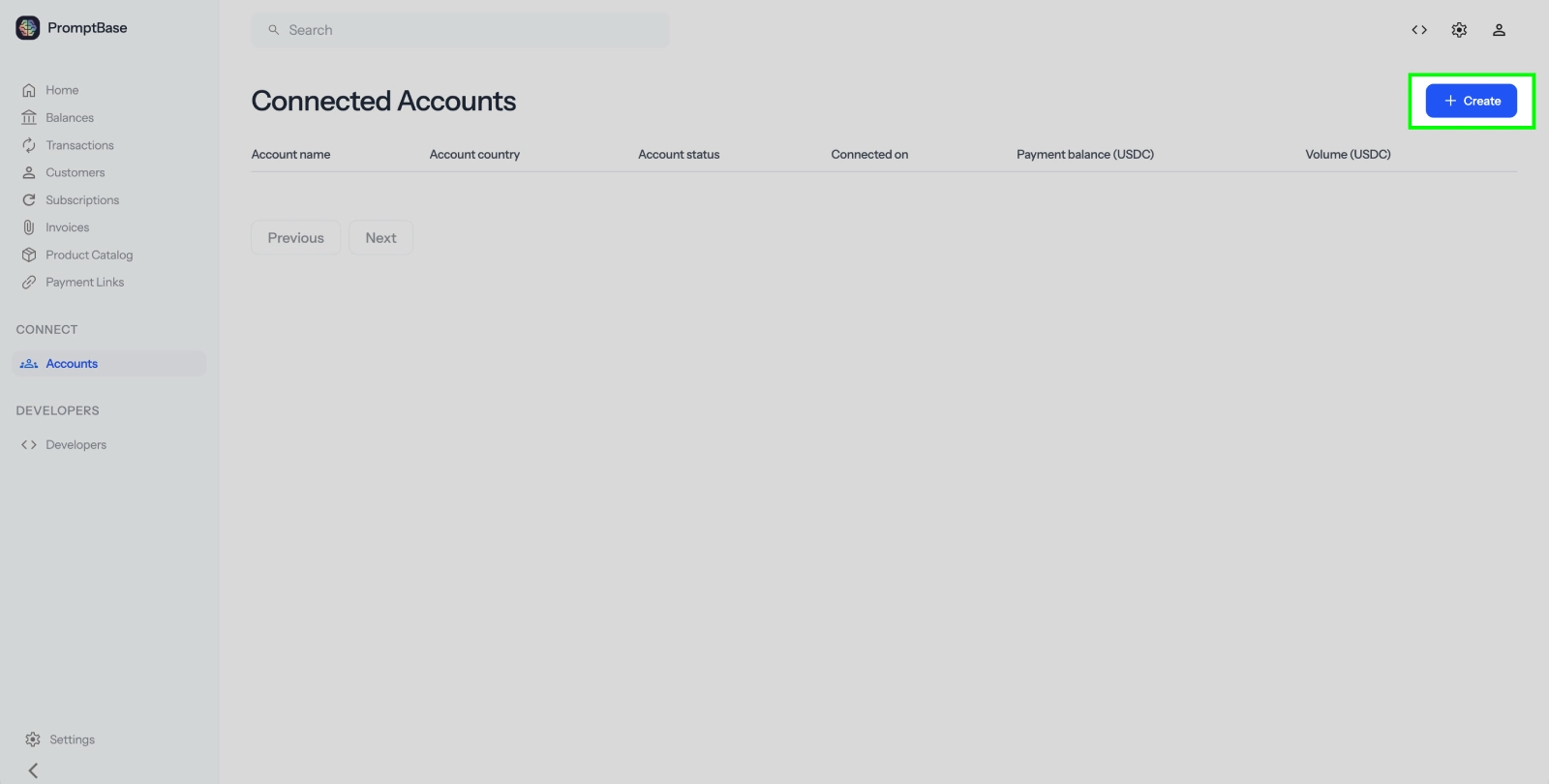 Create connected account button