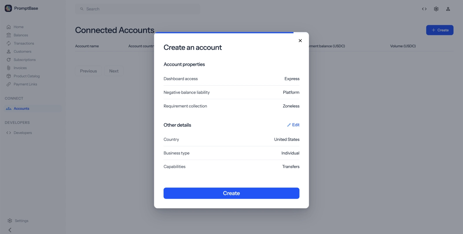 Connected account details