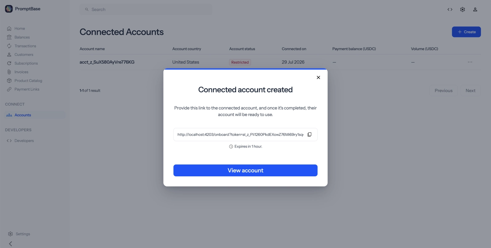 Connected account onboarding link