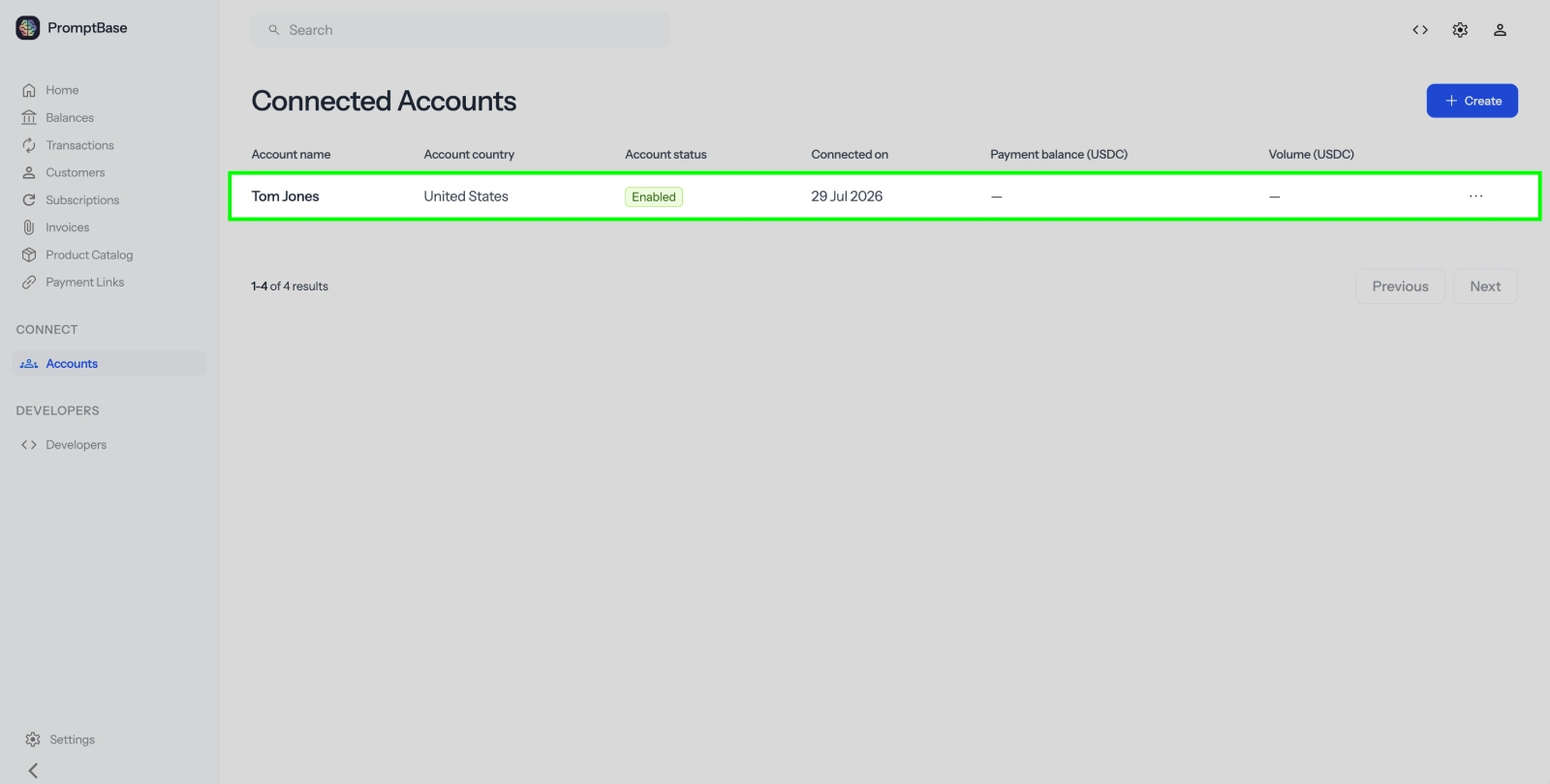 Onboarded seller in the connected accounts list
