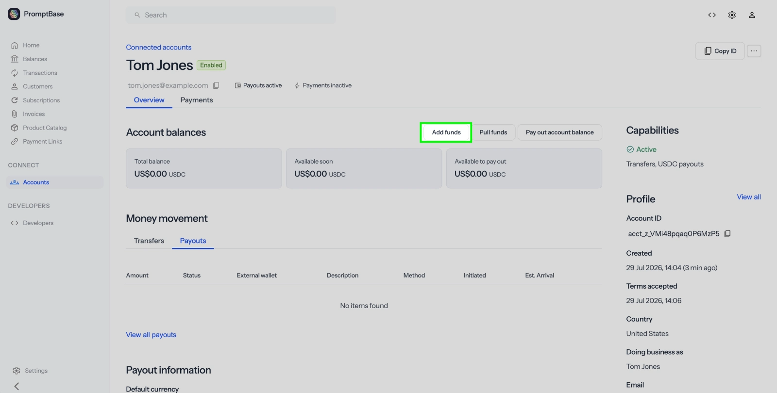 Add funds to a connected account