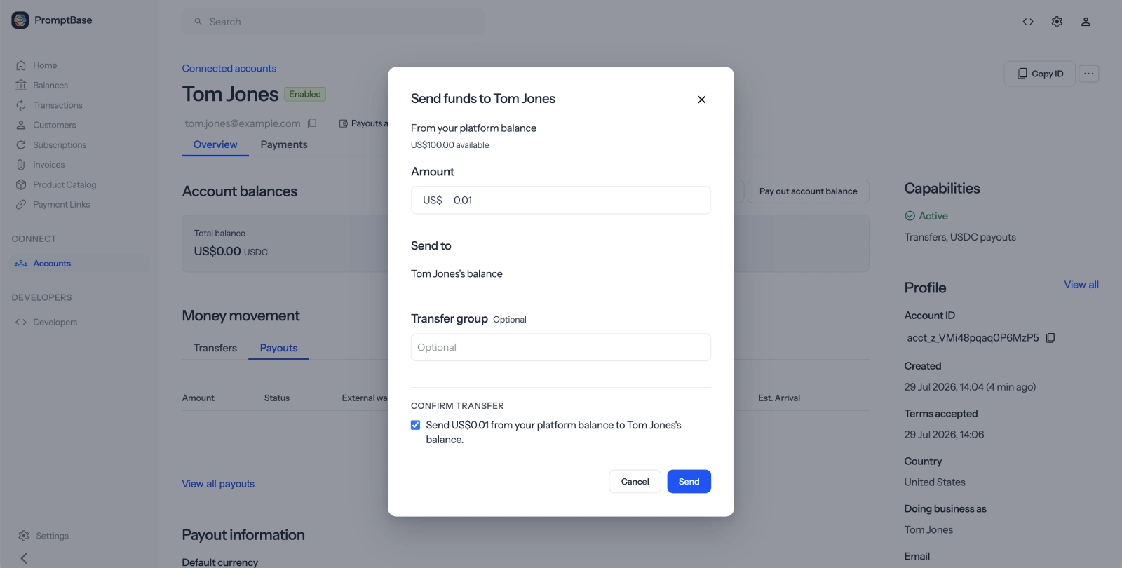 Transfer amount for a connected account