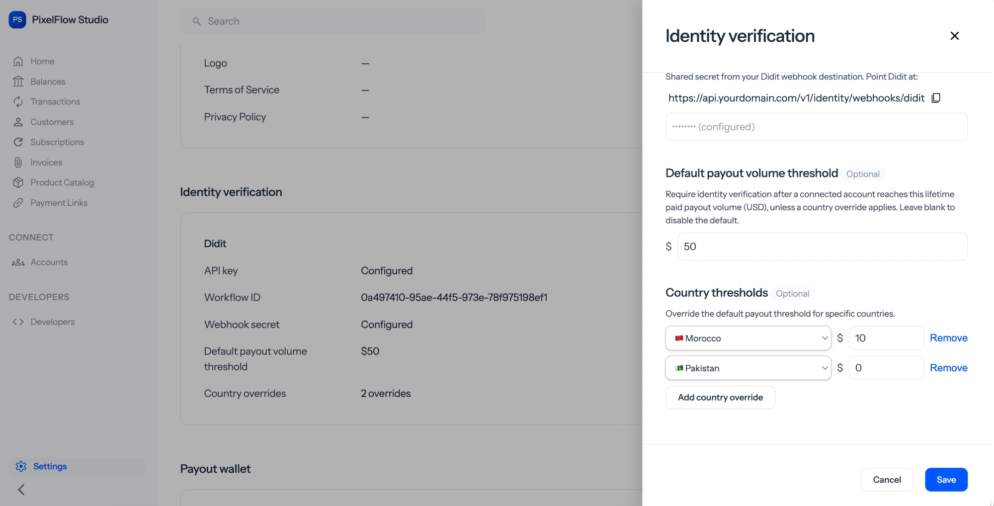 Zoneless KYC settings showing payout and country thresholds