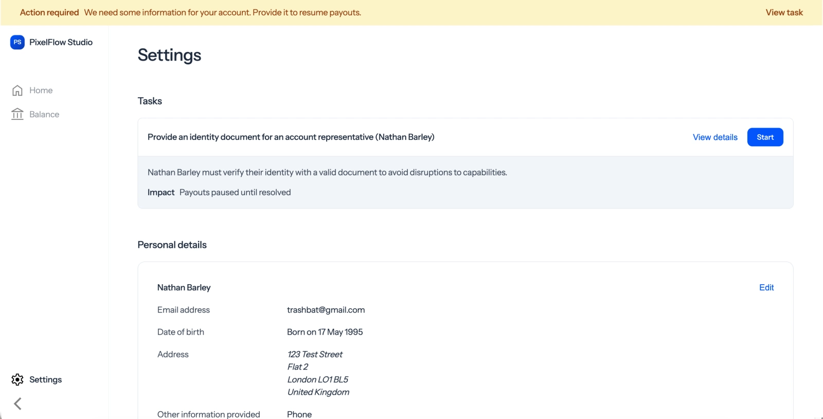 Identity check notification in the seller Express Dashboard