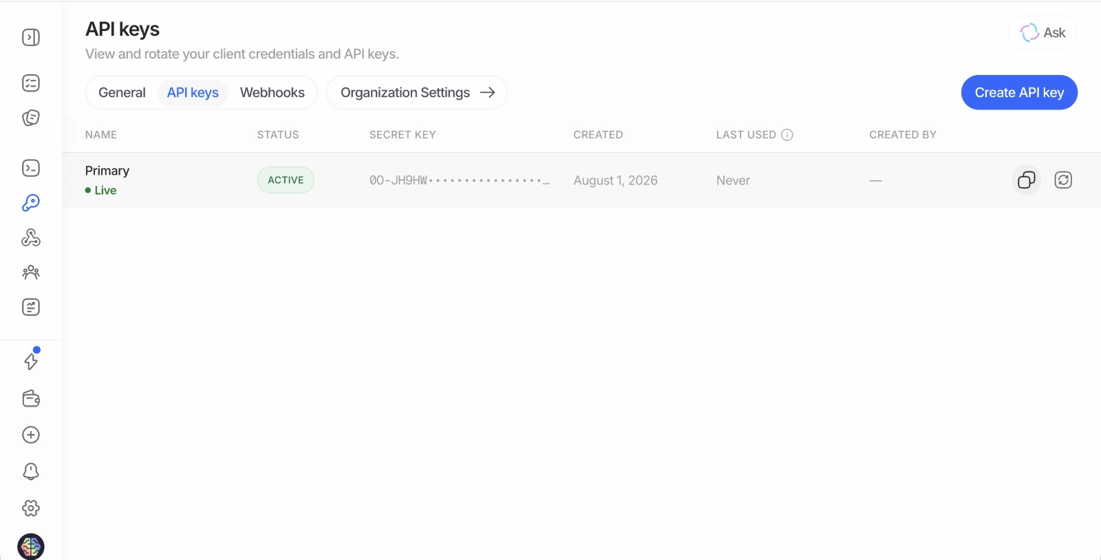 API key page in Didit