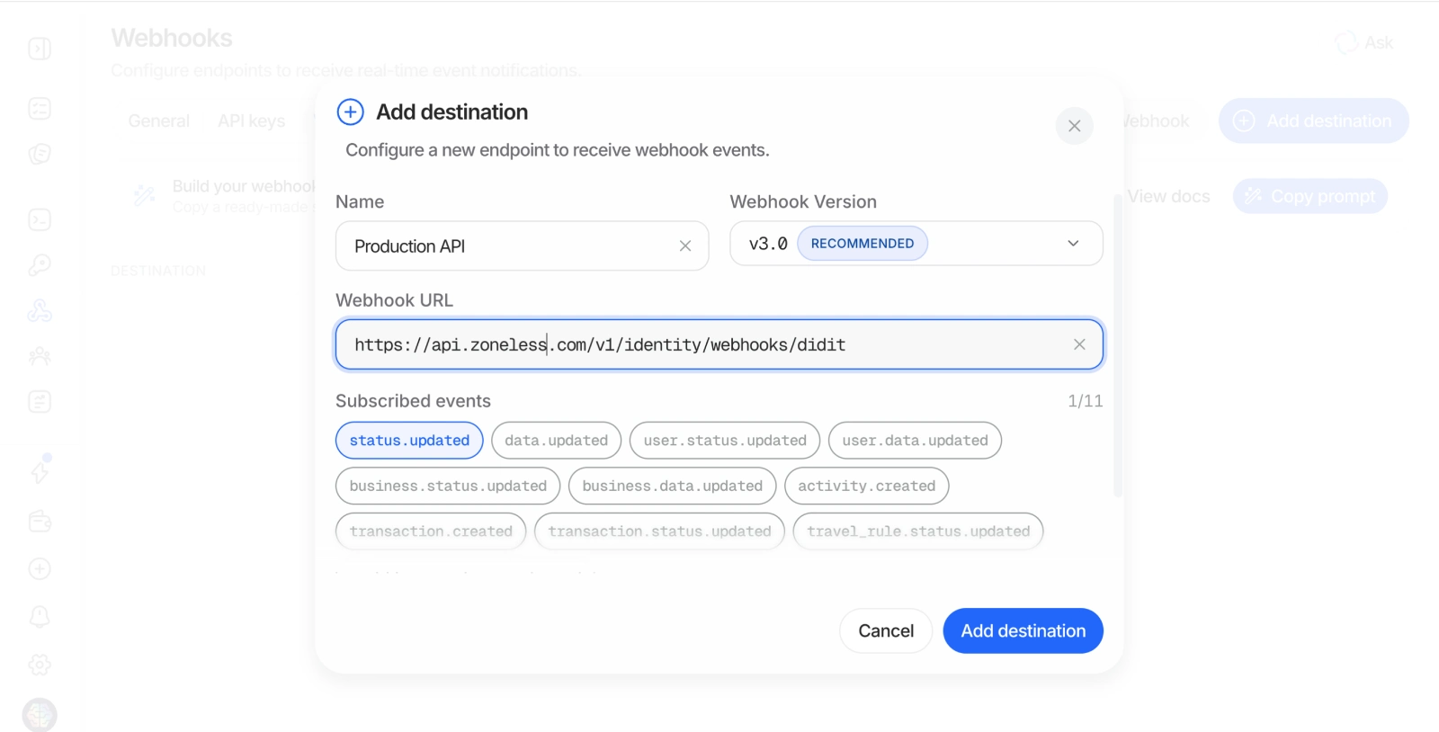 Add webhook destination form in Didit
