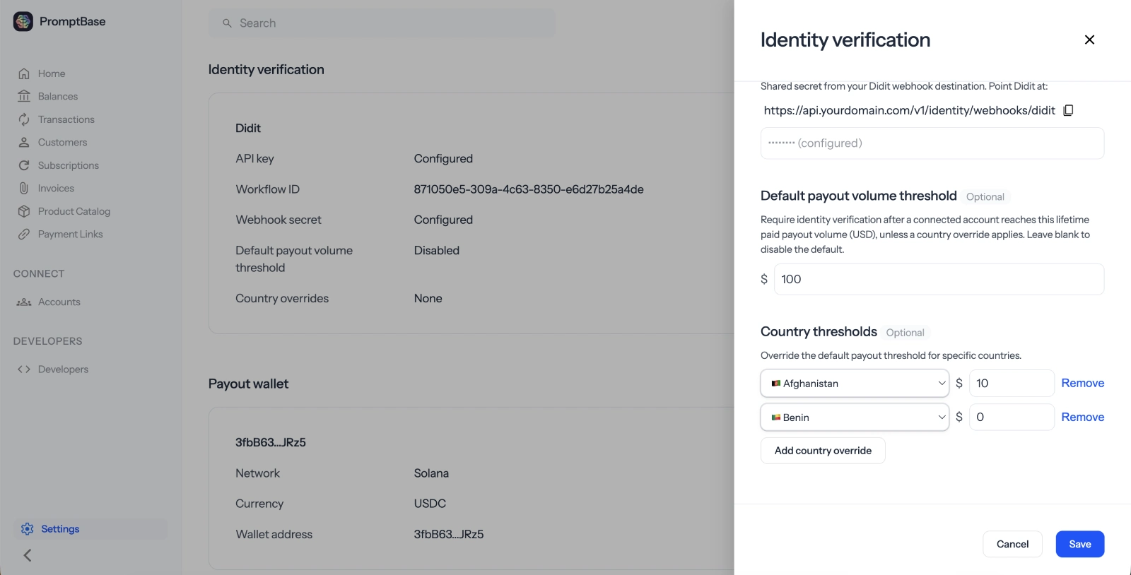 Default and country payout thresholds in Zoneless