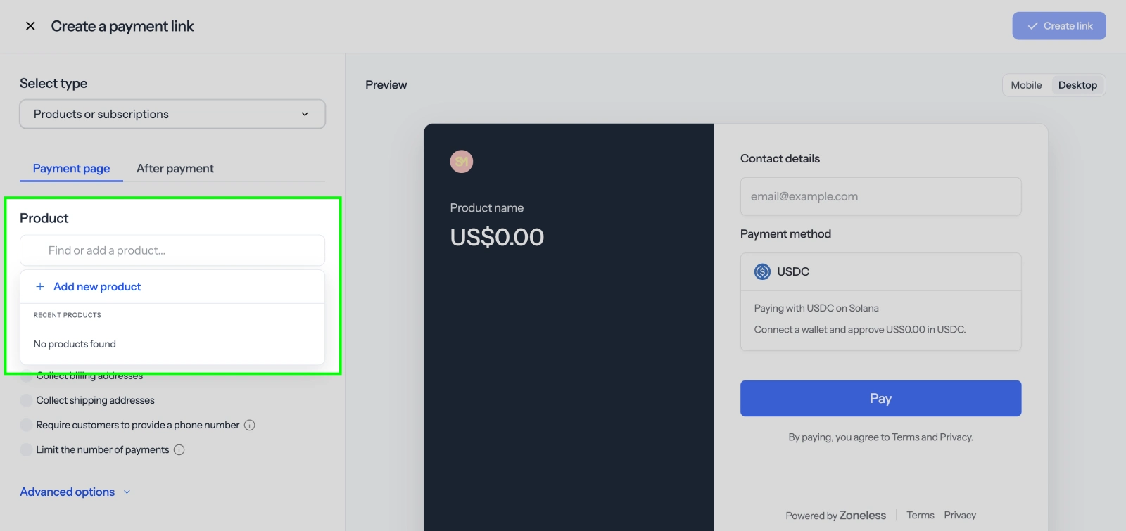 Find or add a product, then Add new product