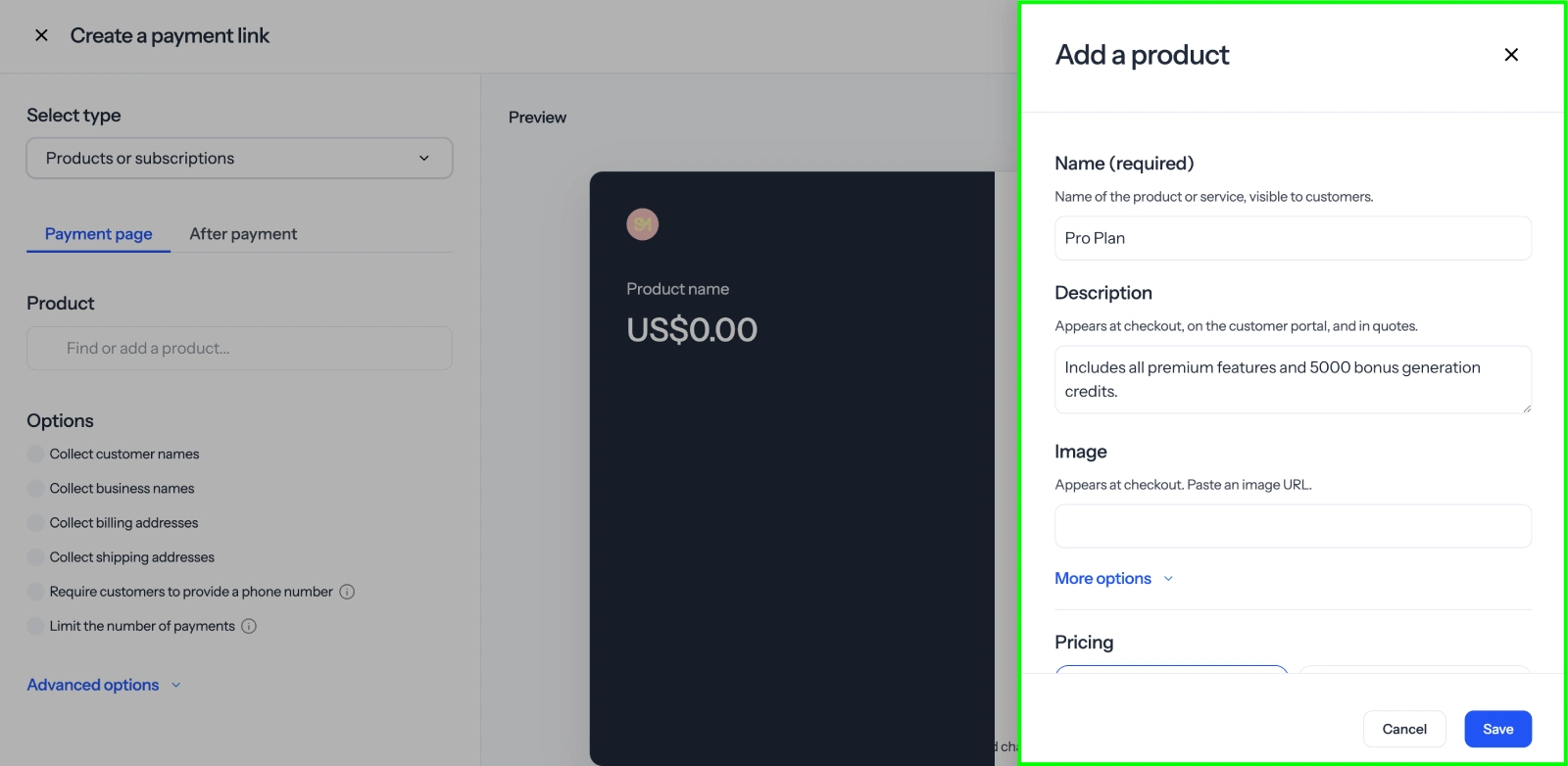 Product name and amount fields