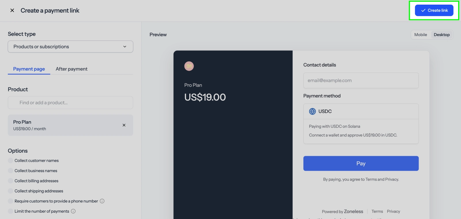 Create link button in the payment link modal