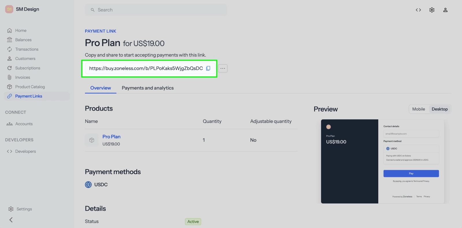 Copy payment link URL on the detail page