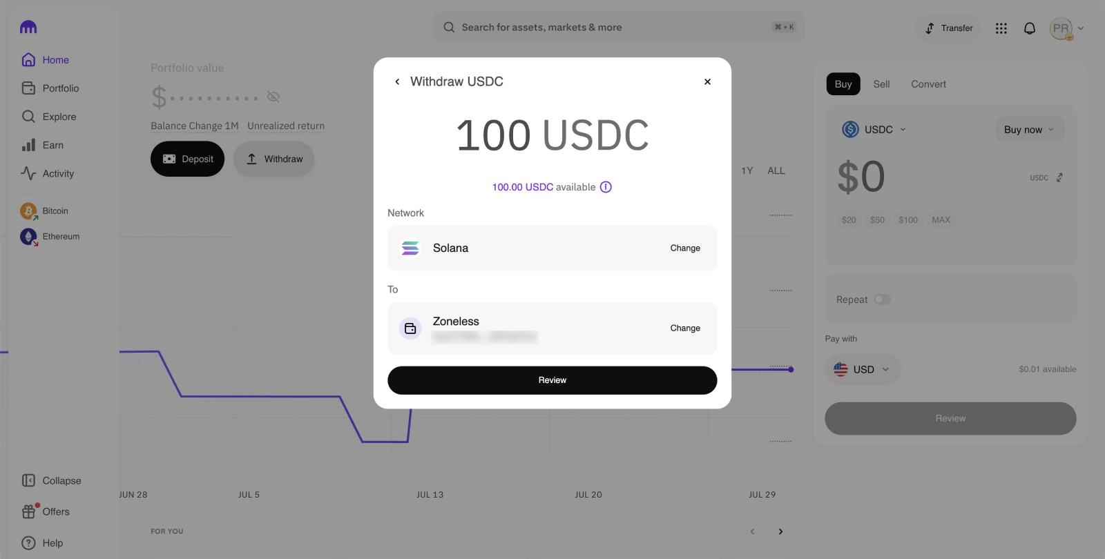USDC withdrawal with Solana selected as the network