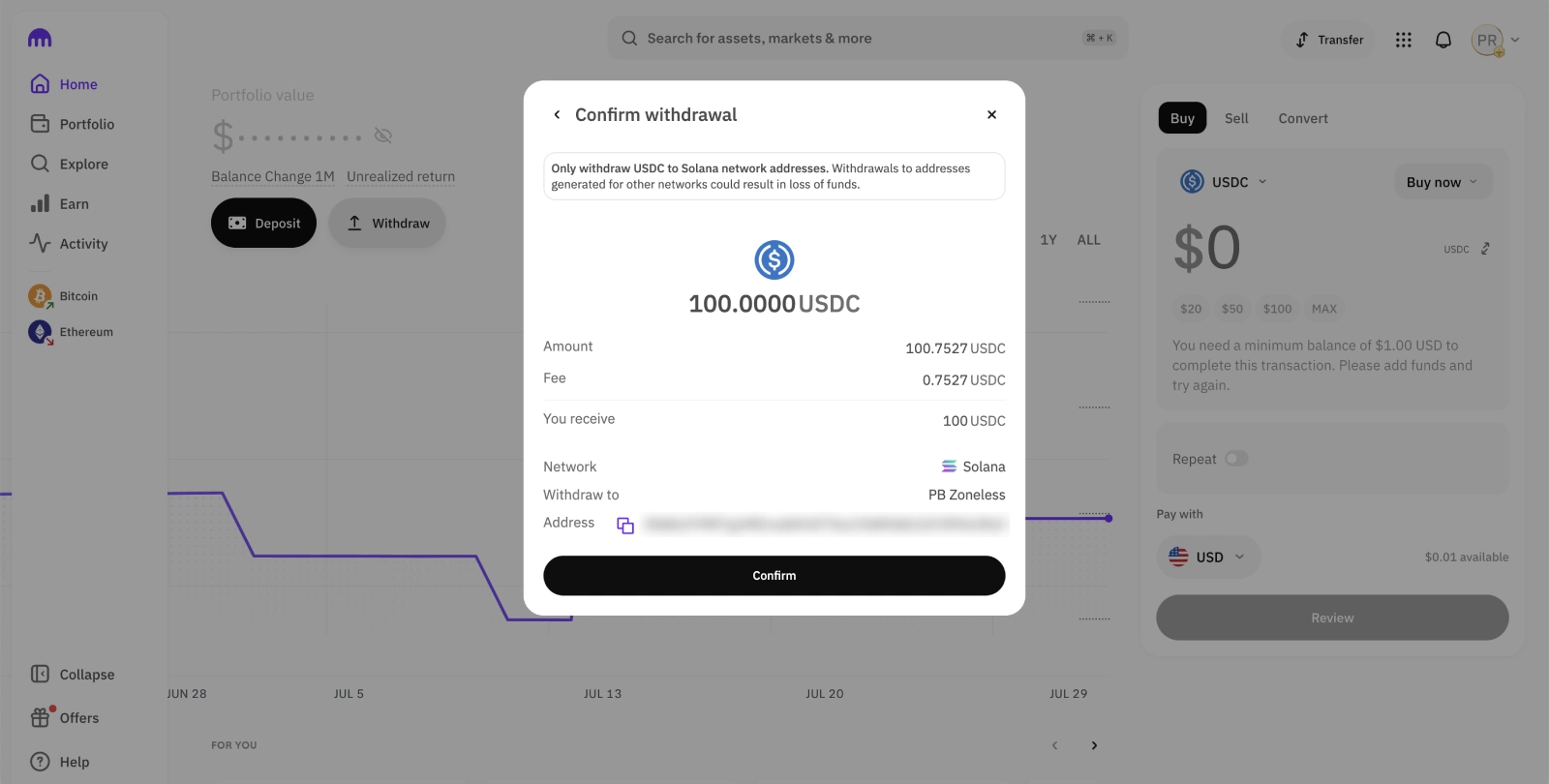 I have sent my funds button in Zoneless