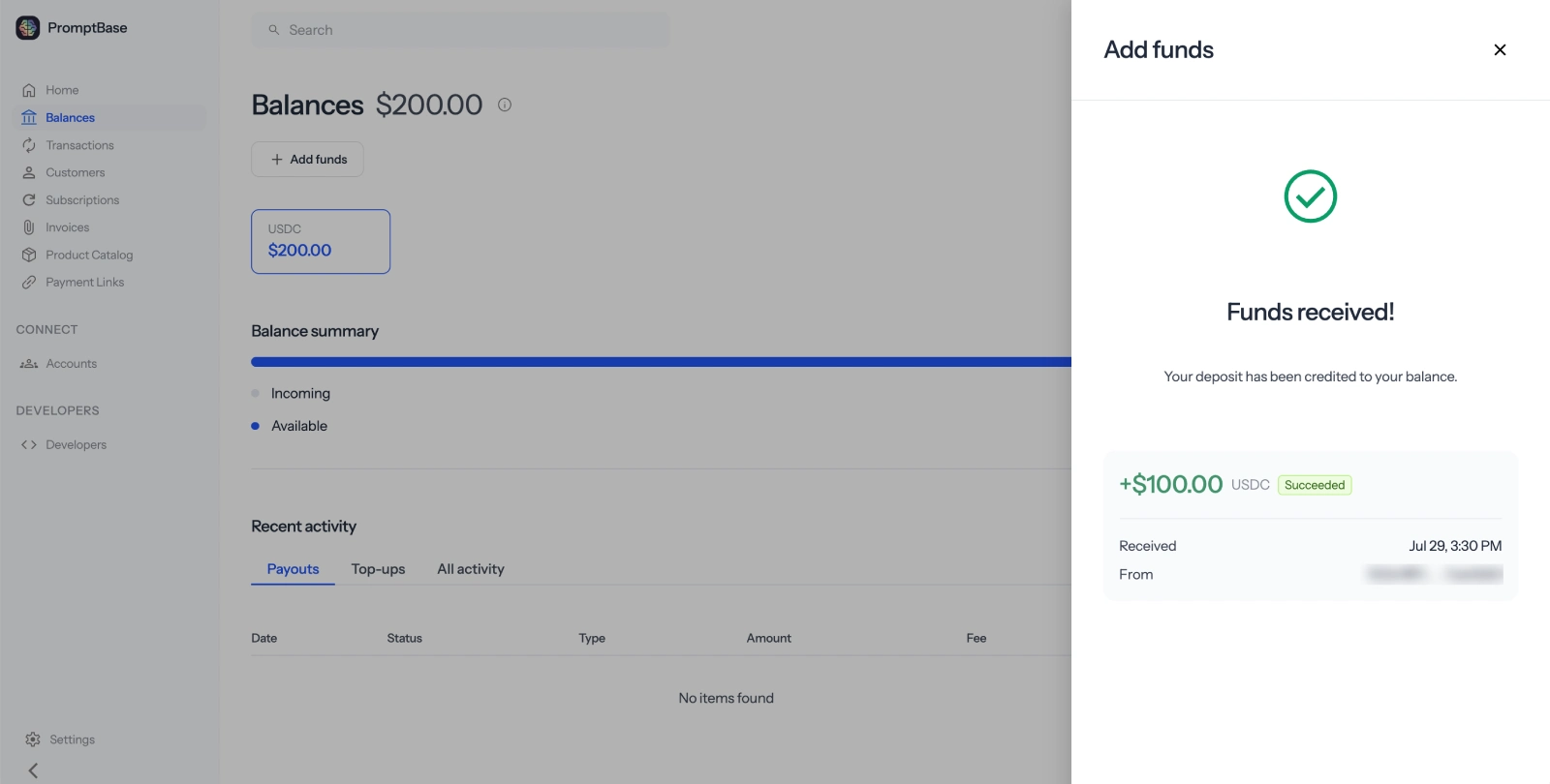 Confirmed USDC deposit in the platform balance